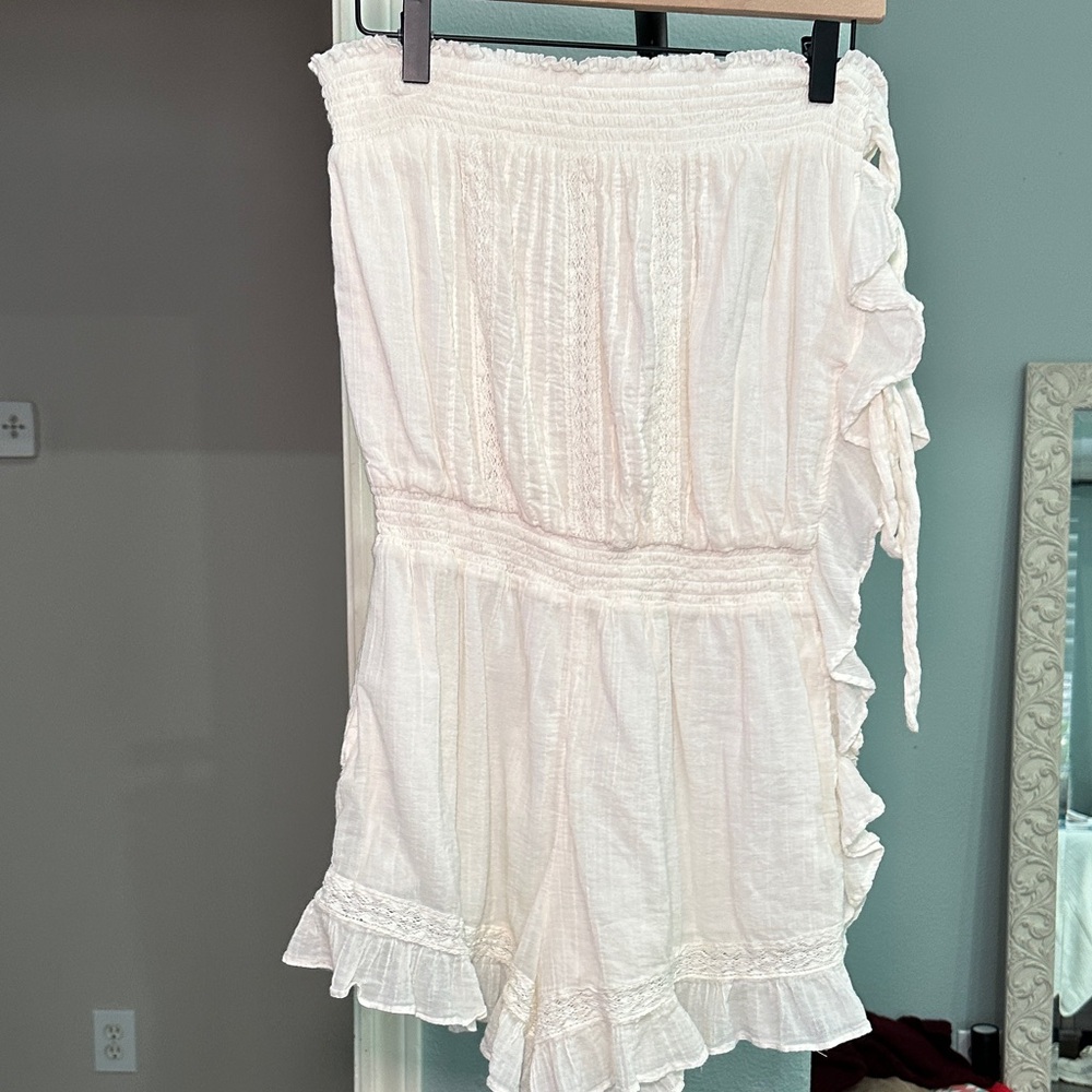 Free People Cream Smocked Ruffle Top